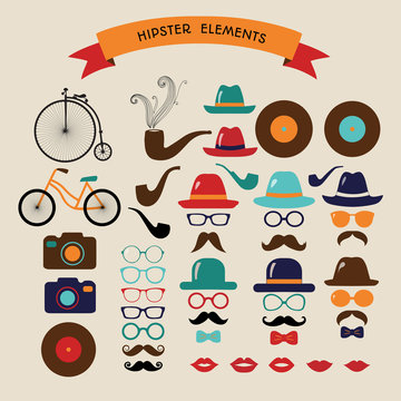 Hipster Colorful Retro Vintage Vector Icon Set. Illustrations of hats, glasses, lips and moustaches.