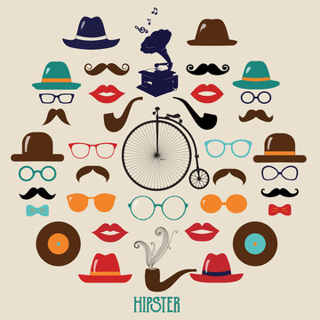 Hipster Colorful Retro Vintage Vector Icon Set.