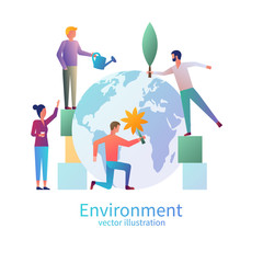 Little people care for the environment. Protection concept the Earth. Save the planet. Vector illustration flat design. Isolated on white background. World Environment Day. Posters, greeting card.