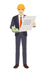 Businessman in construction helmet with cash money and newspaper