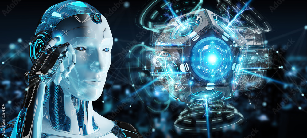 Aufkleber white man humanoid using drone security camera 3d rendering