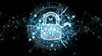 Digital security hologram with padlock 3D rendering