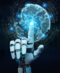 White robot hand using globe network hologram with America Usa map 3D rendering