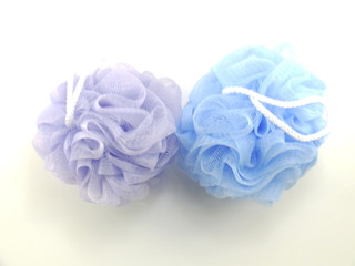purple and blue  plastic bath puff for shower cleaning and scrub body