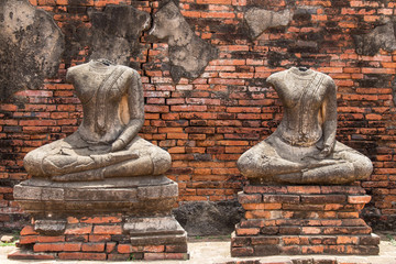 Ruin ancient buddha statues damaged in wat chaiwatthanaram at ayutthaya historical park,Thailand