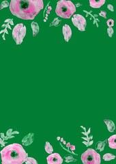 Painted watercolor composition with flowers and leaves. Frame of roses. Floral border. Can be used as invitation card for wedding, birthday, other holiday, summer background, poster, banner.