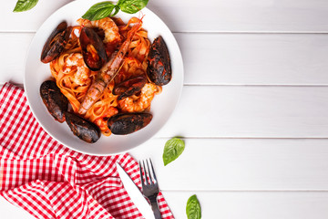 Delicious seafood pasta with shrimps and mussels