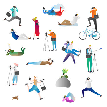 Photographer vector illustration icon collection set. Journalist, paparazzi or operator in different pose taking picture, hiding or skydiving with digital equipment.