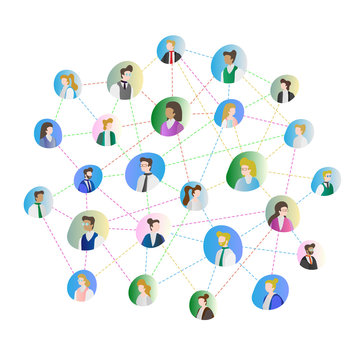 Abstract people connection vector illustration. Business or leisure gathering using acquaintance. Human faces in circle. Round objects with dotted lines linked together.