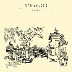 Mangalore, Karnataka, India. Temple square. Vintage hand drawn postcard