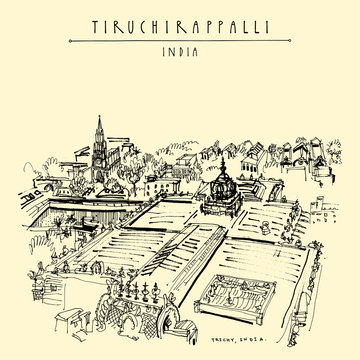 Tiruchirappalli (Trichy), Tamil Nadu state, India. Artistic drawing on paper. Travel sketch. Vintage hand drawn postcard