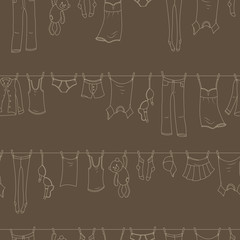 Seamless pattern on the theme of washing and cleanliness, various clothes , a beige outline on a brown background