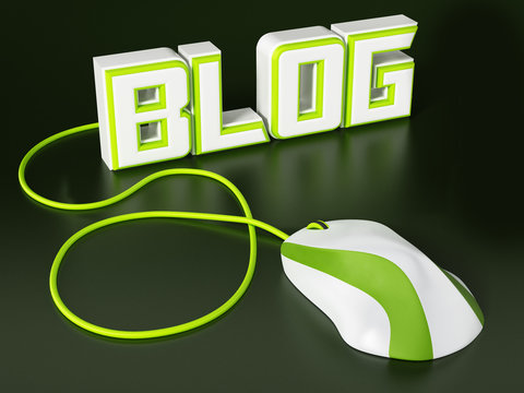 Cable mouse connected to blog text. 3D illustration