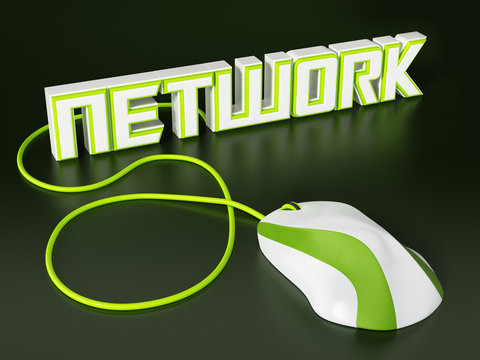 Cable mouse connected to network text. 3D illustration