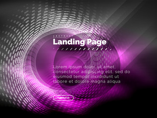 Neon glowing techno lines, hi-tech futuristic abstract background template with circles, landing page template
