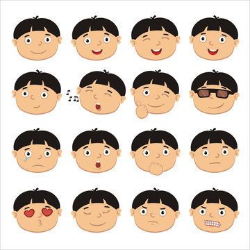 Collection of emoticons of faces of little boy in cartoon style isolated on white background.