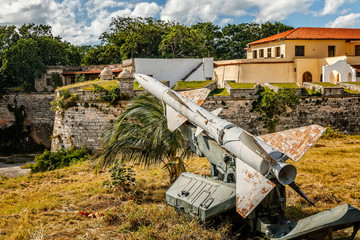 Rusty Soviet missile from 1962 Carribean crisis standing in la Cabana fortress, Havana, Cuba