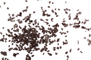 Chocolate sprinkles, granules isolated on white background and texture, top view