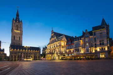 Fototapeta na wymiar Saint Bavo square and Belfort tower at night, Gent, Belgium