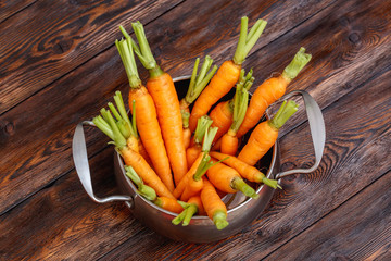 Fresh ripe carrot bunch on rustic wooden background, metal pot