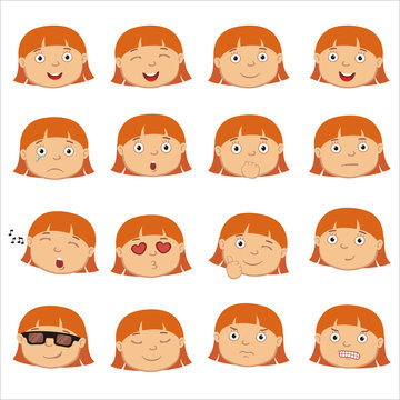 Collection of emoticons of faces of little girl with red hair in cartoon style isolated on white background.