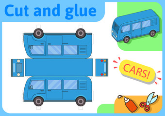 Blue minibus paper model. Small home craft project, DIY paper game. Cut out, fold and glue. Cutouts for children. Vector template.