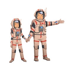 Man and woman in space suits holding hands and smiling. Astronauts couple, familly space travelling. Flat vector illustration. Isolated on white background.