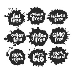 Eco Vegan Food Labels Set on Black Inkblots