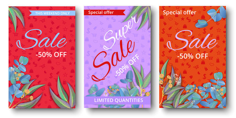 Colorful sale 50% off cards with eucalyptus.