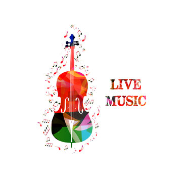 Music colorful background with music notes and violoncello vector illustration design. Music festival poster, live concert, creative cello design