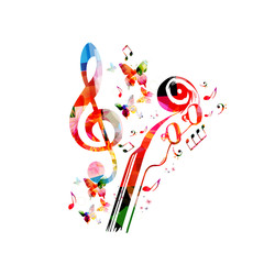 Music colorful background with music notes and violoncelo pegbox and scroll vector illustration design. Music festival poster, live concert, creative cello neck design
