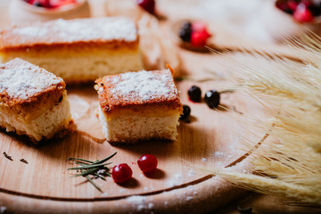 piece of cake on wooden plate