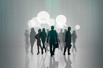 Silhouettes of business people appeared through the matrix code.