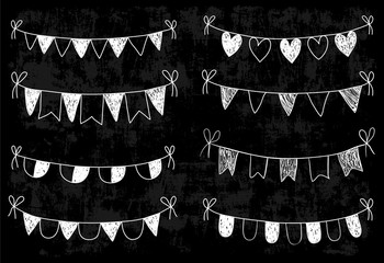 Chalkboard doodle bunting with flags, triangles and hearts for wedding designs, bridal showers invitation and greeting cards