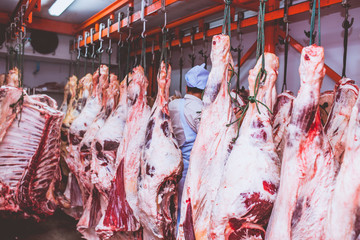 Butchers work in meat curing.
