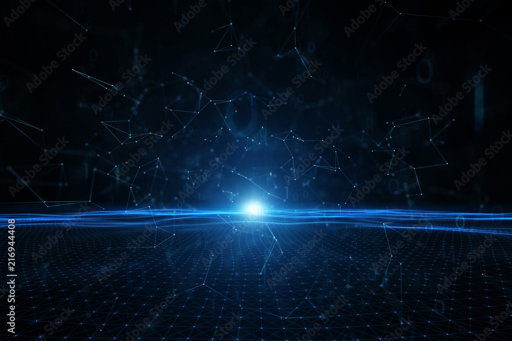 Aufkleber digital wavy cyberspace net with flash light and flying lines and dots illustration background.