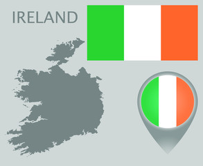 Colorful flag, map pointer and gray blank map of Ireland. High detail. Vector illustration