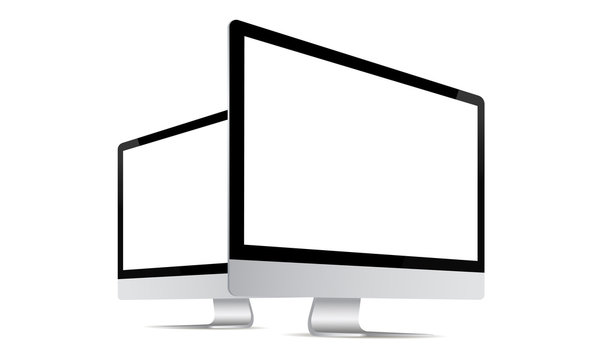 Computer Monitor Mock Up With Perspective Side View Isolated On White Background. Vector Illustration 