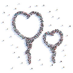 A lot of people form balloons, love, heart, icon . 3d rendering.