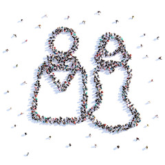 A lot of people form bride and groom, wedding, icon . 3d rendering.