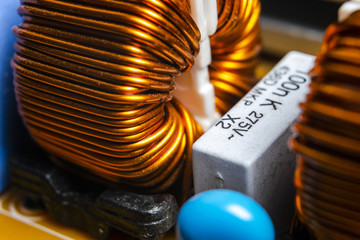 Macro shot of a Circuitboard with resistors microchips and electronic components. Computer hardware...
