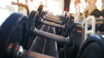 Rows of dumbbells in the gym with sunlight.