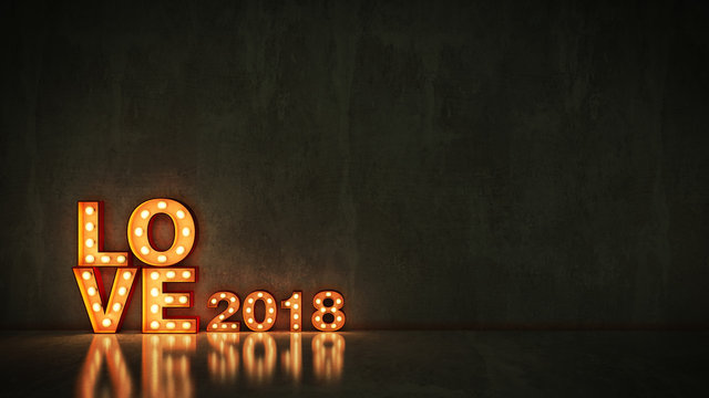 marquee light love 2018 letter sign, New Year 2018. 3d rendering