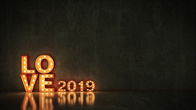 marquee light love 2019 letter sign, New Year 2019. 3d rendering