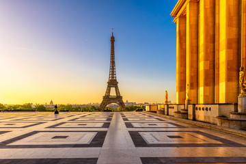 View of Eiffel Tower from Jardins du Trocadero in Paris, France. Eiffel Tower is one of the most iconic landmarks of Paris