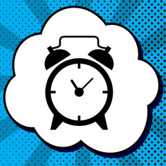 Alarm clock sign. Vector. Black icon in bubble on blue pop-art b