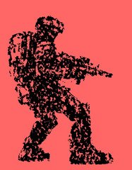 Fantastic soldier aims from plasma rifle. Vector illustration.