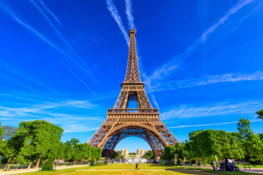 Fototapeta Wieża Eiffla w Paryżu i Champ de Mars w Paryżu, Francja. Wieża Eiffla jest jedną z najbardziej charakterystycznych atrakcji Paryża. Champ de Mars to duży park publiczny w Paryżu