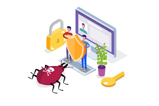Computer virus, Data Protection isometric concept, Network data, Internet security, Secure bank transaction.  Vector illustration.
