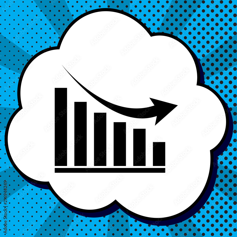 Poster declining graph sign. vector. black icon in bubble on blue pop-a